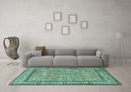 Machine Washable Persian Turquoise Traditional Area Rugs in a Living Room,, wshtr3488turq