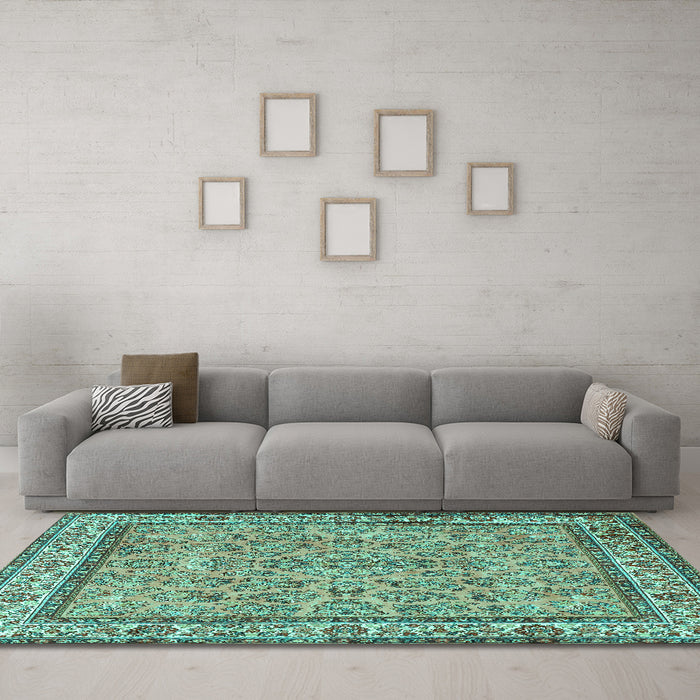 Machine Washable Persian Turquoise Traditional Area Rugs in a Living Room,, wshtr3488turq