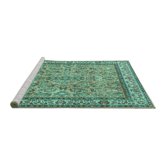 Sideview of Machine Washable Persian Turquoise Traditional Area Rugs, wshtr3488turq