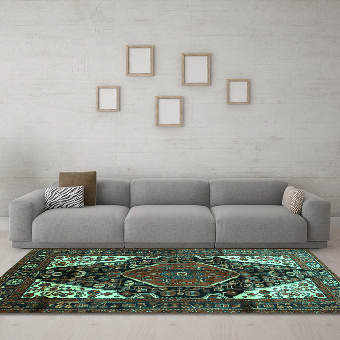 Machine Washable Persian Turquoise Traditional Area Rugs in a Living Room,, wshtr348turq