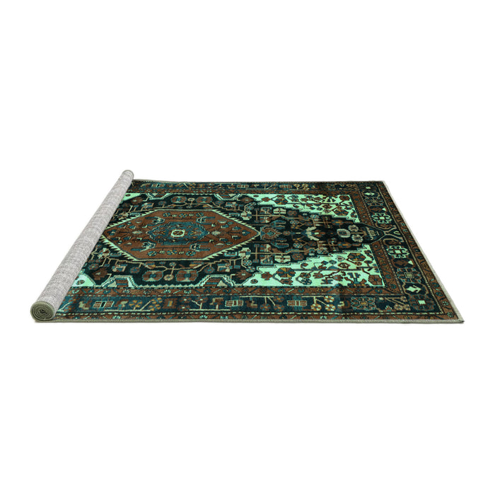 Sideview of Machine Washable Persian Turquoise Traditional Area Rugs, wshtr348turq