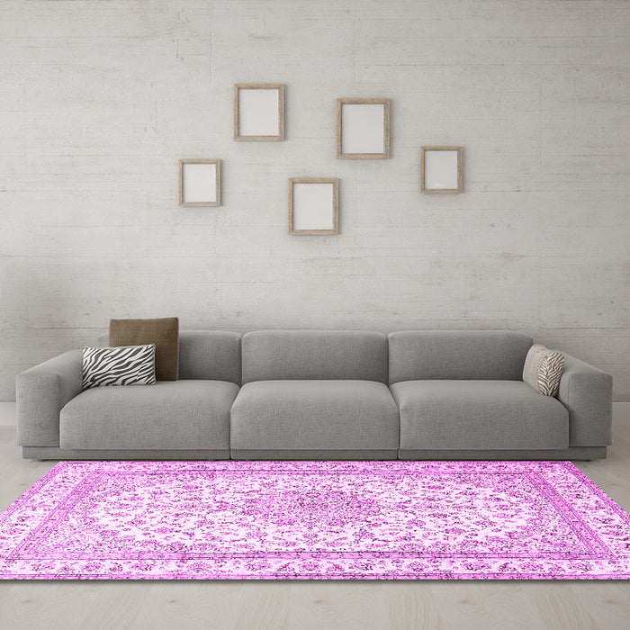 Machine Washable Medallion Pink Traditional Rug in a Living Room, wshtr3490pnk