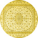 Round Machine Washable Medallion Yellow Traditional Rug, wshtr3490yw