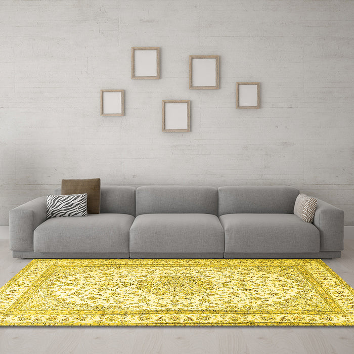Machine Washable Medallion Yellow Traditional Rug in a Living Room, wshtr3490yw