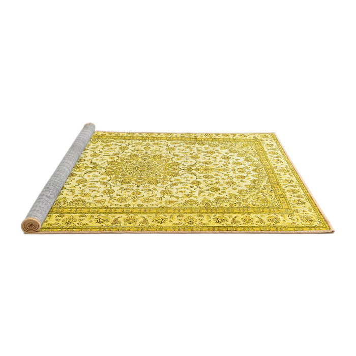 Sideview of Machine Washable Medallion Yellow Traditional Rug, wshtr3490yw