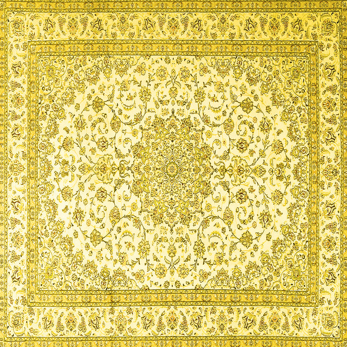 Square Machine Washable Medallion Yellow Traditional Rug, wshtr3490yw