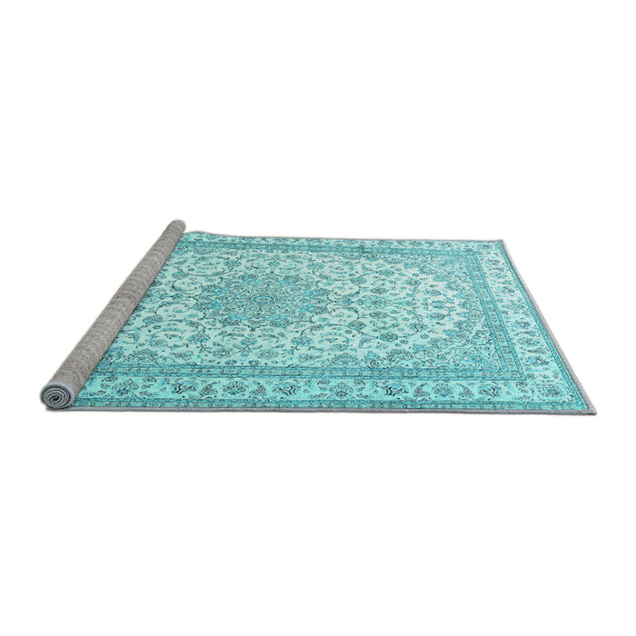 Sideview of Machine Washable Medallion Light Blue Traditional Rug, wshtr3490lblu