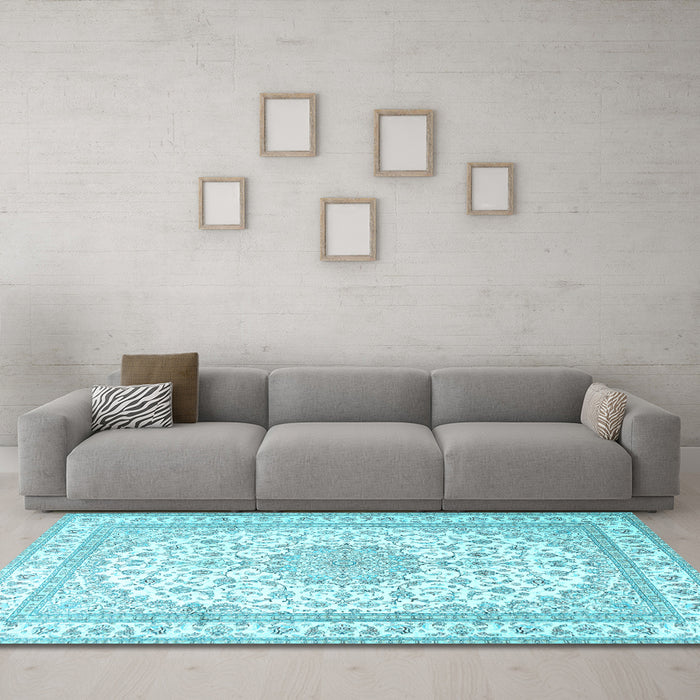 Machine Washable Medallion Light Blue Traditional Rug in a Living Room, wshtr3490lblu