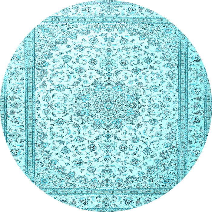 Round Machine Washable Medallion Light Blue Traditional Rug, wshtr3490lblu