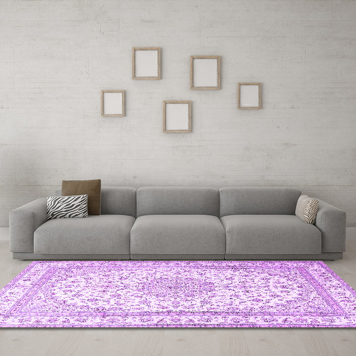 Machine Washable Medallion Purple Traditional Area Rugs in a Living Room, wshtr3490pur