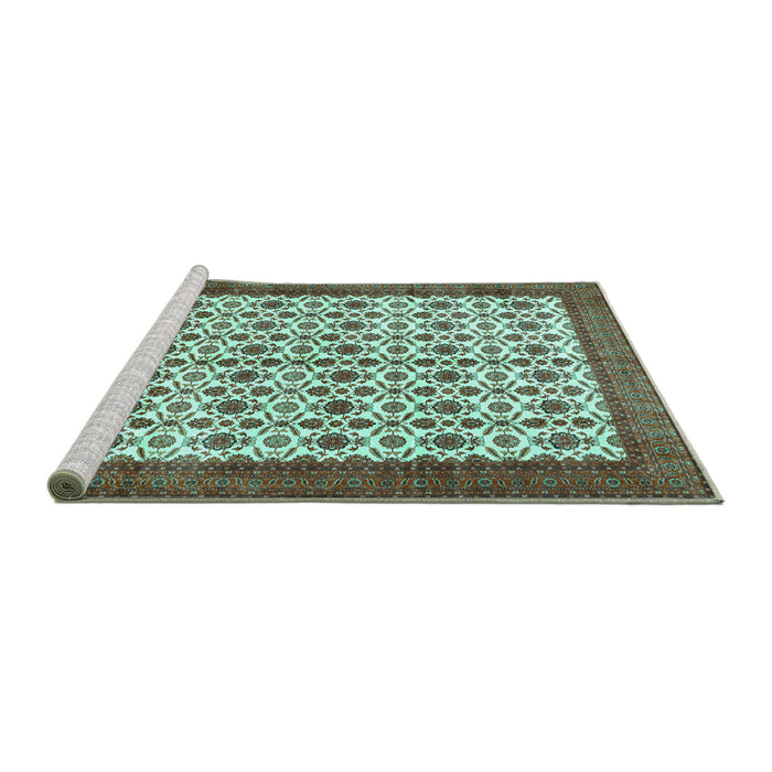 Sideview of Machine Washable Persian Turquoise Traditional Area Rugs, wshtr3491turq