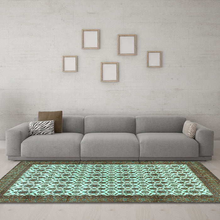 Machine Washable Persian Turquoise Traditional Area Rugs in a Living Room,, wshtr3491turq