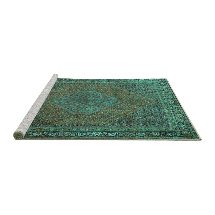 Sideview of Machine Washable Persian Turquoise Traditional Area Rugs, wshtr3492turq