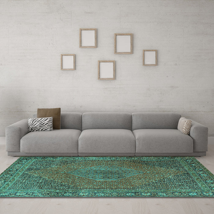 Machine Washable Persian Turquoise Traditional Area Rugs in a Living Room,, wshtr3492turq