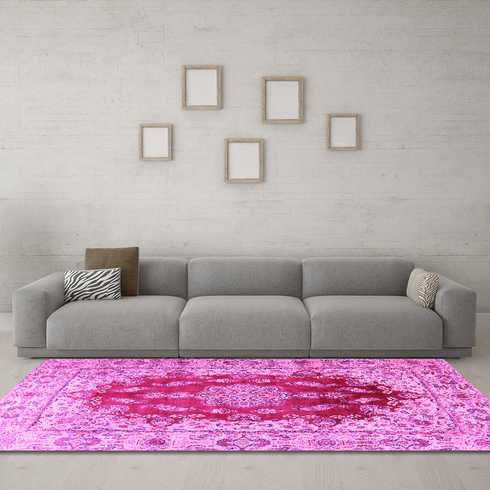 Machine Washable Persian Pink Traditional Rug in a Living Room, wshtr3494pnk