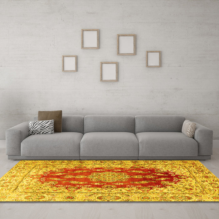 Machine Washable Persian Yellow Traditional Rug in a Living Room, wshtr3494yw