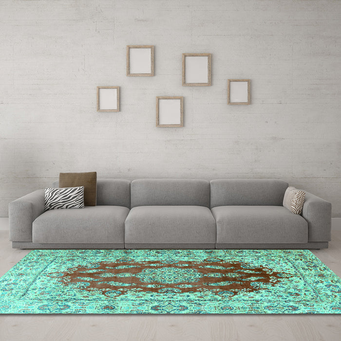 Machine Washable Persian Turquoise Traditional Area Rugs in a Living Room,, wshtr3494turq