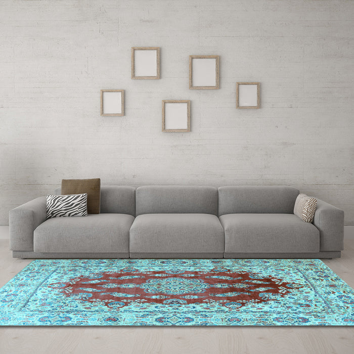 Machine Washable Persian Light Blue Traditional Rug in a Living Room, wshtr3494lblu