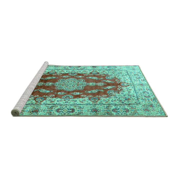 Sideview of Machine Washable Persian Turquoise Traditional Area Rugs, wshtr3494turq