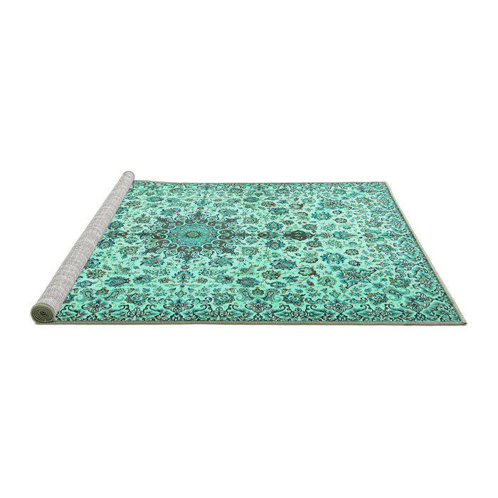 Sideview of Machine Washable Persian Turquoise Traditional Area Rugs, wshtr3495turq