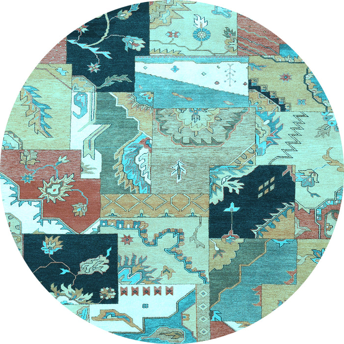 Round Machine Washable Patchwork Light Blue Transitional Rug, wshtr3498lblu