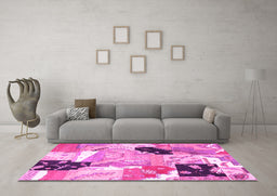Machine Washable Patchwork Pink Transitional Rug in a Living Room, wshtr3498pnk