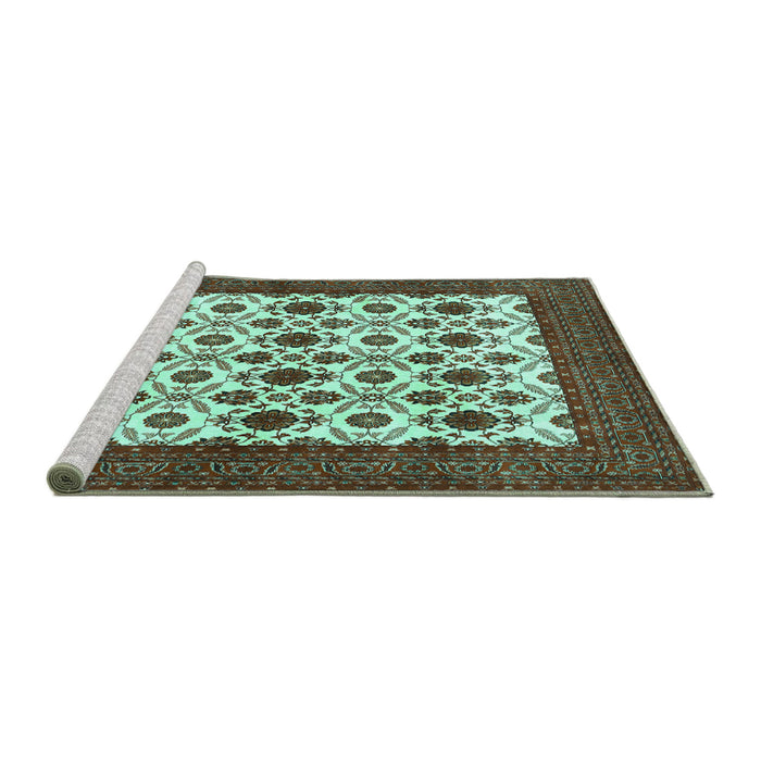 Sideview of Machine Washable Persian Turquoise Traditional Area Rugs, wshtr3499turq