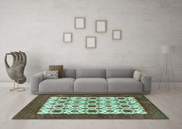 Machine Washable Persian Turquoise Traditional Area Rugs in a Living Room,, wshtr3499turq