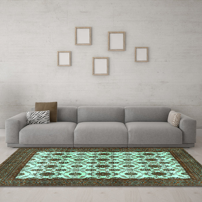 Machine Washable Persian Turquoise Traditional Area Rugs in a Living Room,, wshtr3499turq