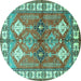 Round Machine Washable Geometric Turquoise Traditional Area Rugs, wshtr349turq