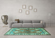 Machine Washable Geometric Turquoise Traditional Area Rugs in a Living Room,, wshtr349turq