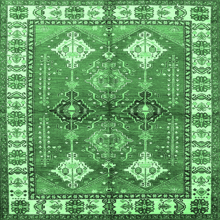 Square Geometric Emerald Green Traditional Rug, tr349emgrn