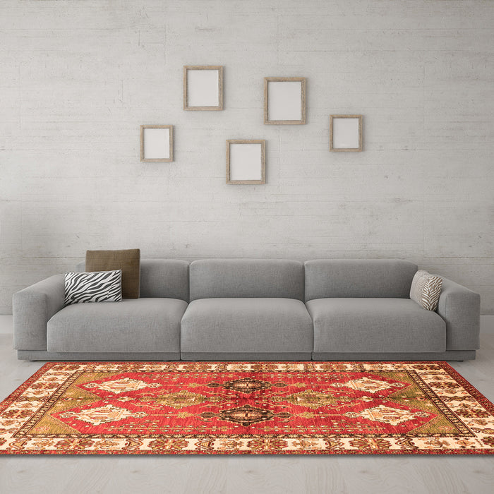 Machine Washable Geometric Orange Traditional Area Rugs in a Living Room, wshtr349org