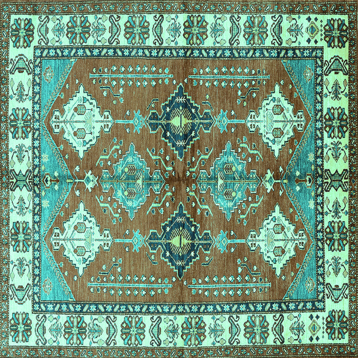 Square Machine Washable Geometric Turquoise Traditional Area Rugs, wshtr349turq