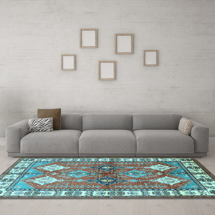 Machine Washable Geometric Light Blue Traditional Rug in a Living Room, wshtr349lblu