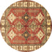 Round Geometric Brown Traditional Rug, tr349brn