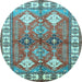 Round Machine Washable Geometric Light Blue Traditional Rug, wshtr349lblu