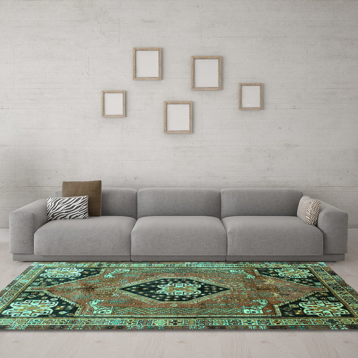 Machine Washable Persian Turquoise Traditional Area Rugs in a Living Room,, wshtr34turq
