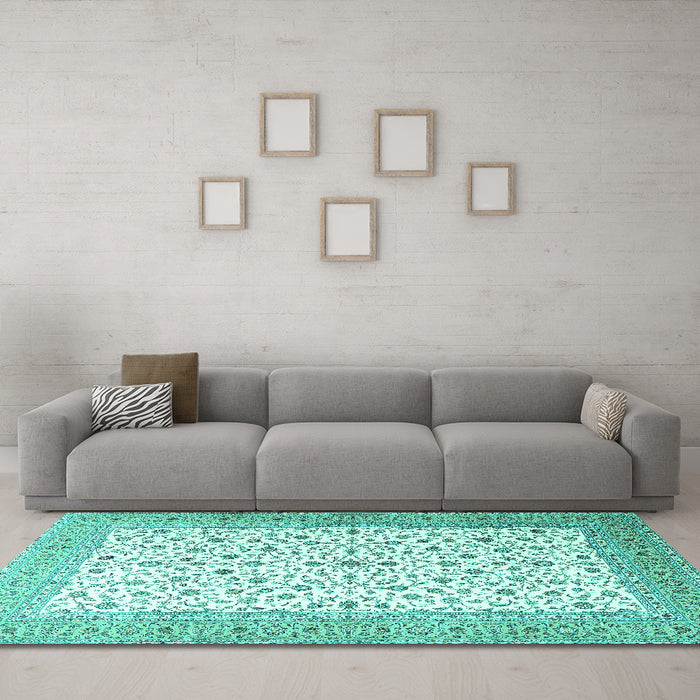 Machine Washable Persian Turquoise Traditional Area Rugs in a Living Room,, wshtr3500turq