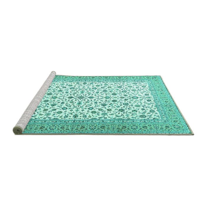 Sideview of Machine Washable Persian Turquoise Traditional Area Rugs, wshtr3500turq