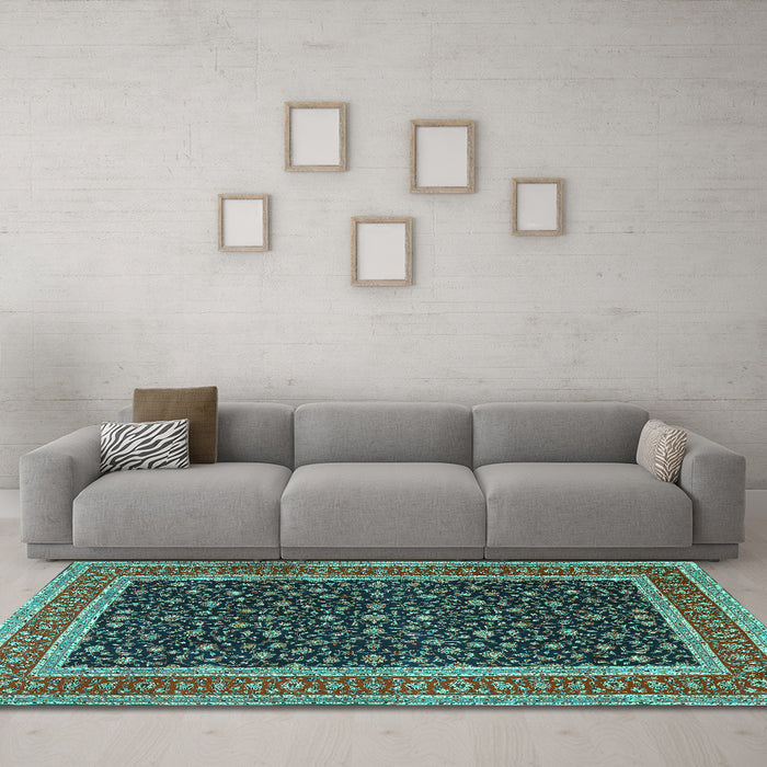 Machine Washable Persian Turquoise Traditional Area Rugs in a Living Room,, wshtr3501turq