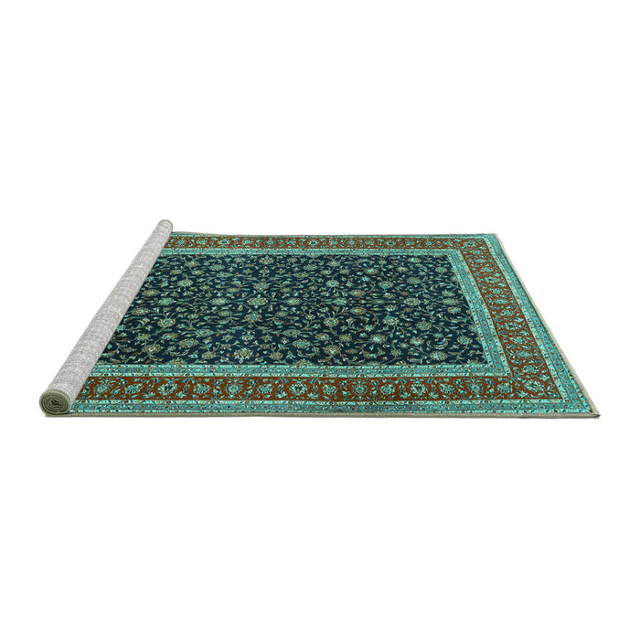 Sideview of Machine Washable Persian Turquoise Traditional Area Rugs, wshtr3501turq