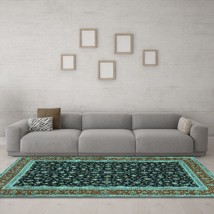 Machine Washable Persian Turquoise Traditional Area Rugs in a Living Room,, wshtr3502turq