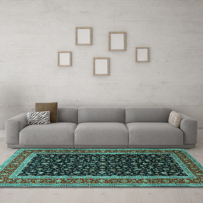 Machine Washable Persian Turquoise Traditional Area Rugs in a Living Room,, wshtr3505turq