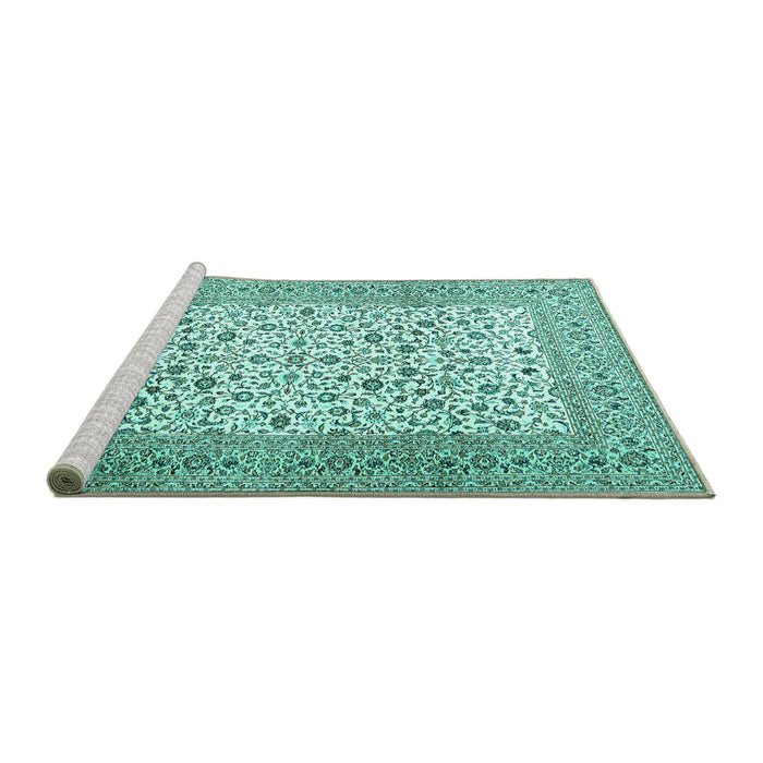 Sideview of Machine Washable Persian Turquoise Traditional Area Rugs, wshtr3506turq