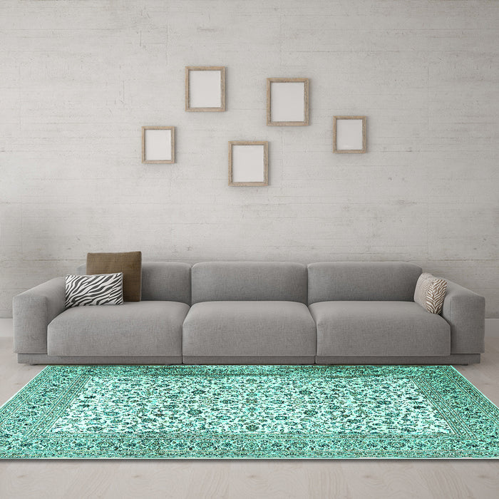 Machine Washable Persian Turquoise Traditional Area Rugs in a Living Room,, wshtr3506turq