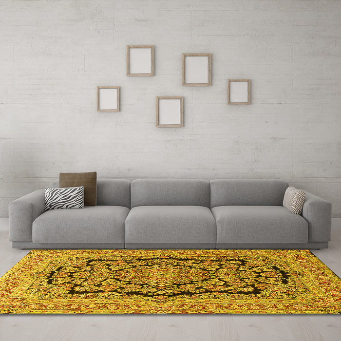 Machine Washable Persian Yellow Traditional Rug in a Living Room, wshtr3508yw