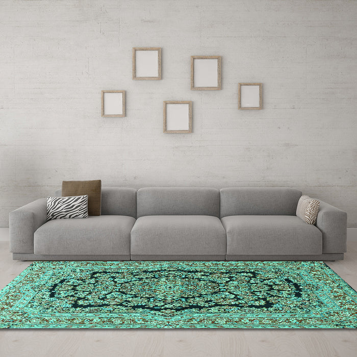 Machine Washable Persian Turquoise Traditional Area Rugs in a Living Room,, wshtr3508turq