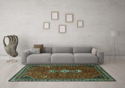 Machine Washable Persian Turquoise Traditional Area Rugs in a Living Room,, wshtr3509turq