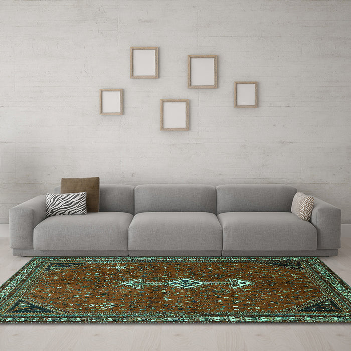 Machine Washable Persian Turquoise Traditional Area Rugs in a Living Room,, wshtr3509turq